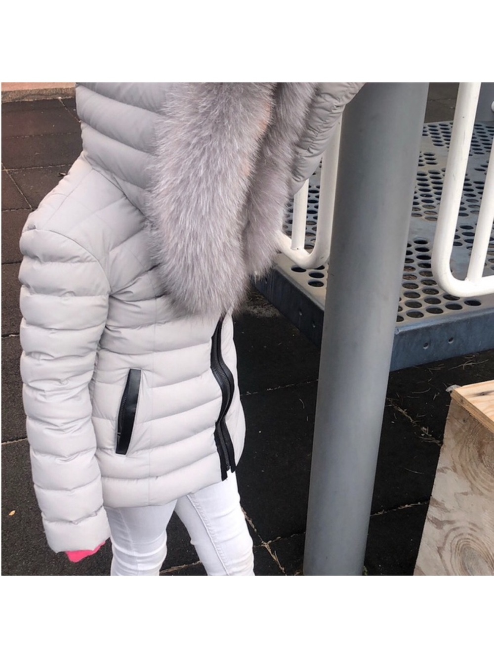 Mackage Light Gray Down Jacket with Fur Trim